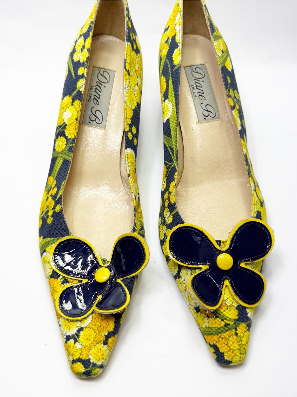 Diane B. Milano Yellow Floral Pointed Toe Pumps with Navy Flower Accent